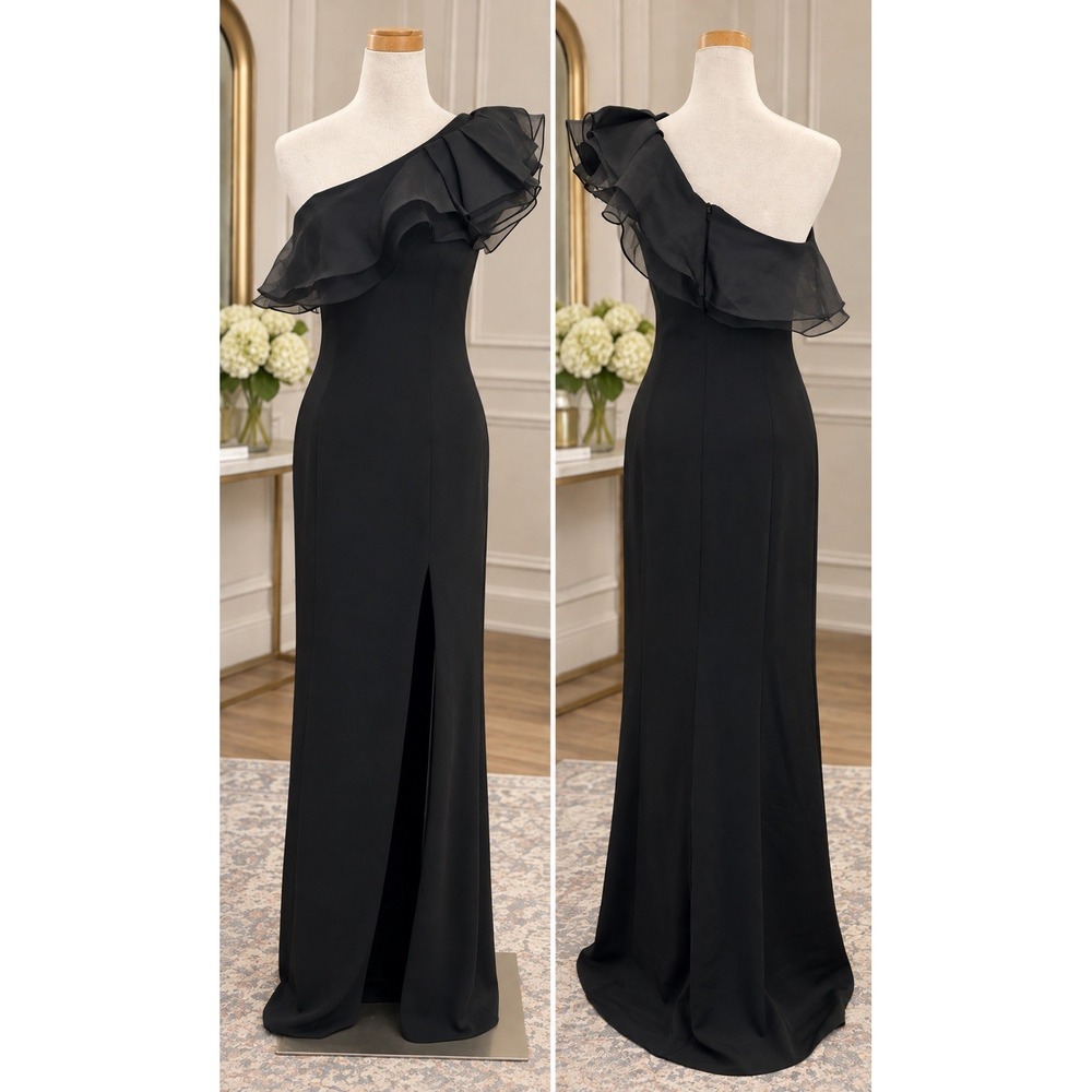 Mac Duggal Leena Black One Shoulder Ruffle Flounce Formal Gown Dress Sz 0